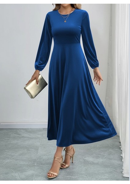 Kadın Uzun Kollu Bisiklet Yaka Midi Kadife Mavi Elbise