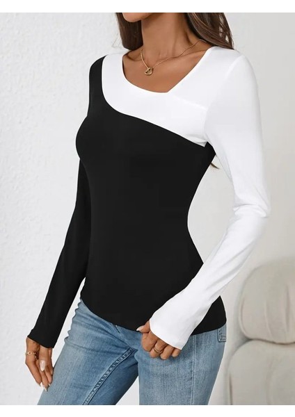 Kadın Uzun Kollu Geometrik Yaka Detaylı Çift Renkli Viskon Bluz modelleri