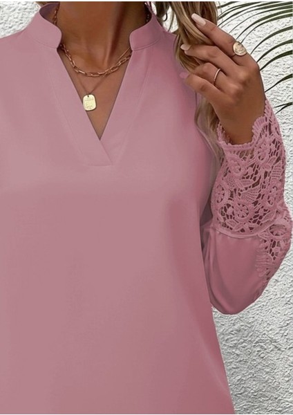 Kadın Uzun Kollu Hakim Yaka Kolları Dantel Detaylı Ithal Krep Bluz fiyatları