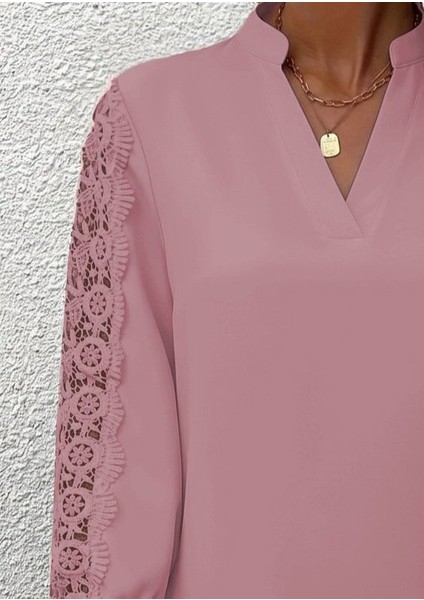 Kadın Uzun Kollu Hakim Yaka Kolları Dantel Detaylı Ithal Krep Bluz modelleri