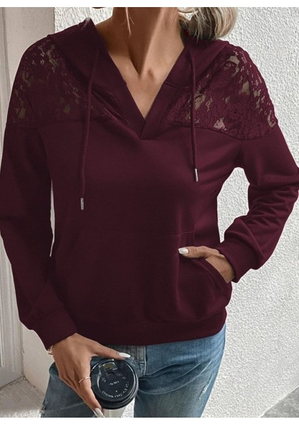 Kadın Uzun Kollu Kapşonlu Bağcıklı Dantelli Viskon Iki Iplik Bluz fırsatları