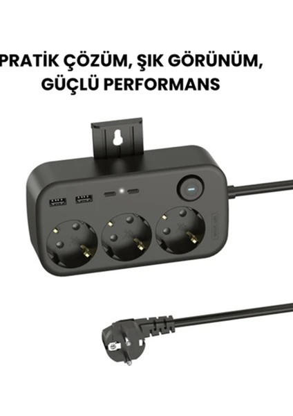 Akım Korumalı Priz 2 USB + 2 Type-C Girişli 2 Metre Kablosu Anahtarlı ve Duvara Monte Edilebilir indirimleri