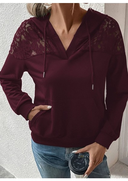 Kadın Uzun Kollu Kapşonlu Bağcıklı Dantelli Viskon Iki Iplik Bluz