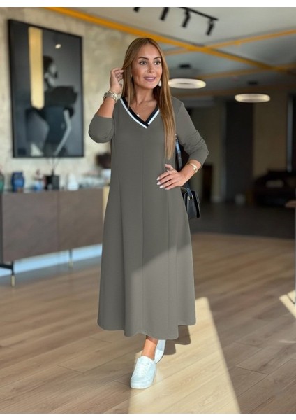 Kadın Uzun Kollu V Yakalı Midi Çağla Yeşili Modal Elbise modelleri