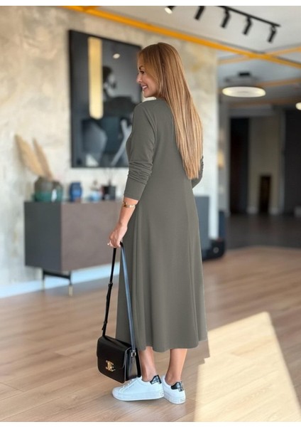 Kadın Uzun Kollu V Yakalı Midi Çağla Yeşili Modal Elbise fırsatları