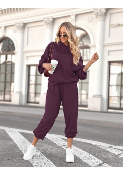 Kadın Uzun Kollu Kapşonlu Viskon Iki Iplik Bluz ve Pantolon Ikili Takım