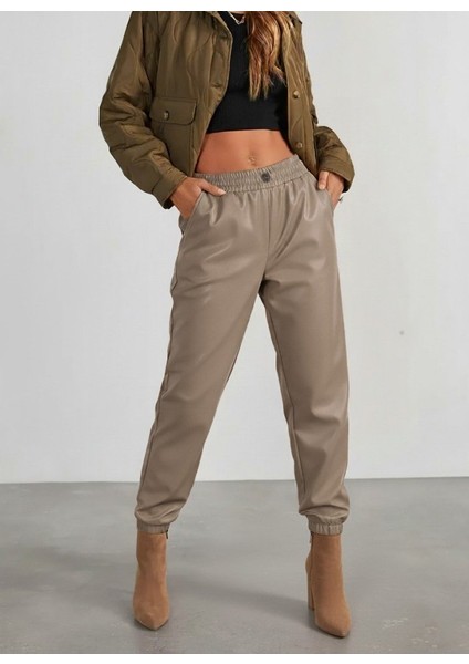 Kadın Yüksek Bel Lastikli Önü Düğmeli Deri Pantolon fiyatları