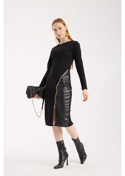 Kadın Bisiklet Yaka Uzun Kollu Deri ve Fermuar Detay Mini Yırtmaçlı Elbise