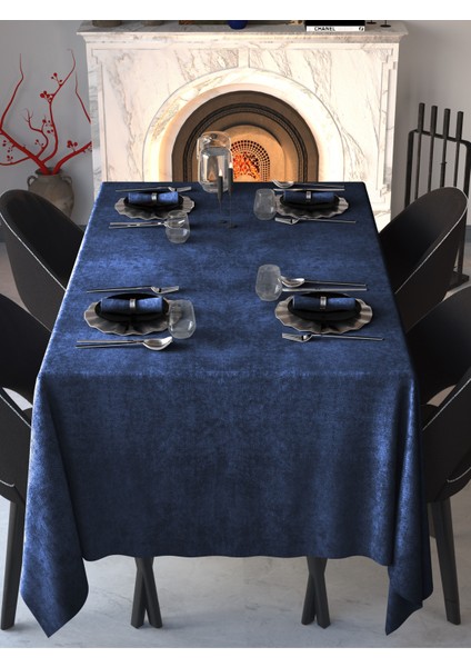 Kadife Dokulu Gece Mavisi Masa Örtüsü