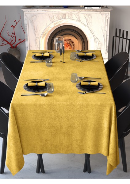 Kadife Dokulu Acem Lalesi Sarısı Masa Örtüsü