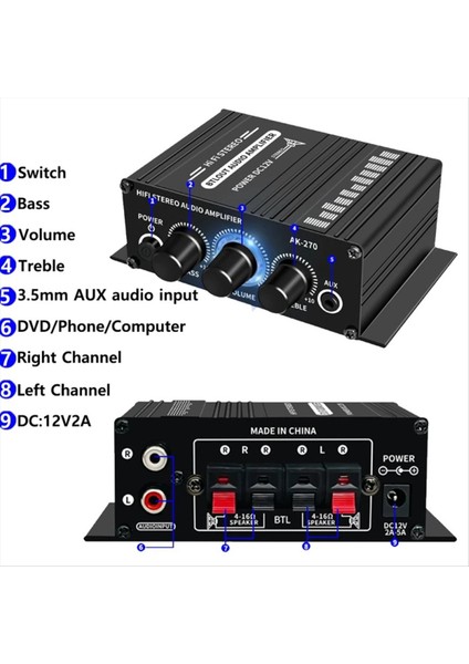 AK-270 Hıfı Amplifikatör 2 0 Kanal Ev Amp Bass &amp Treble Ayarı Ses Soulo Ses Ev Sinema Ses Sistemi DC12V Eu Fug (Yurt Dışından) fırsatları