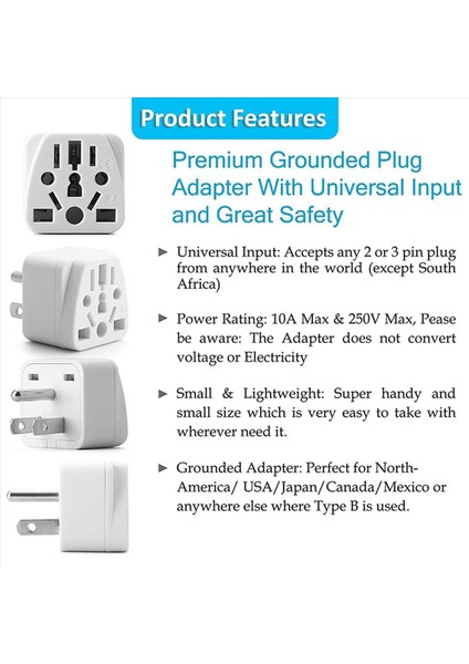 4x Abd Seyahat Fişi Adaptörü Ab/uk/au/ın/cn/jp/asıa/italya/brezilya&#39 Ya Abd&#39 Ye (Tip B) 3 Prong Abd Fişi Şarj Converter Beyaz (Yurt Dışından) modelleri