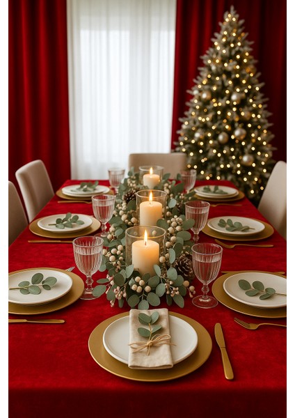 Kadife Dokulu Saltanat Kırmızısı Masa Örtüsü