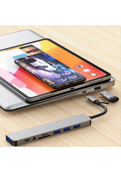 8 In 2 USB + Tip C Hub Yerleştirme Istasyonu ile 3 5mm Ses Jak Adaptörü Sd Kart Okuyucu Dizüstü Tablet Disk Dönüştürücü (Yurt Dışından) indirimleri