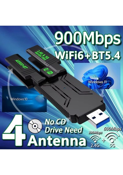 900MBPS 4 Anten 2in1 Wifi6 Bluetooth Adaptör Çift Bant 2.4g ve 5g 802.11AX Usb3.0 Kablosuz Kart Alıcı Sürücüsü (Yurt Dışından) fiyatları