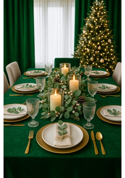 Kadife Dokulu Çam Yeşili Masa Örtüsü