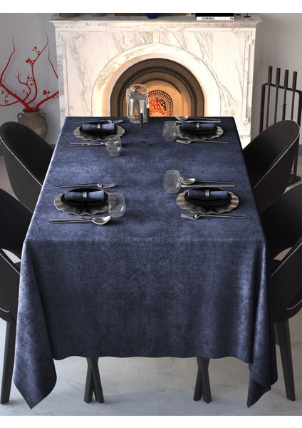 Kadife Dokulu Lacivert Masa Örtüsü