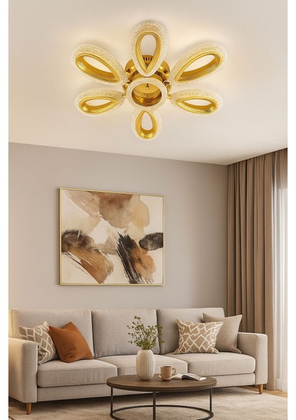 Kristal Görünümlü Lüks Modern Gold 6 Kollu Halkalı LED Şık Salon Tavan Avize 61 cm modelleri