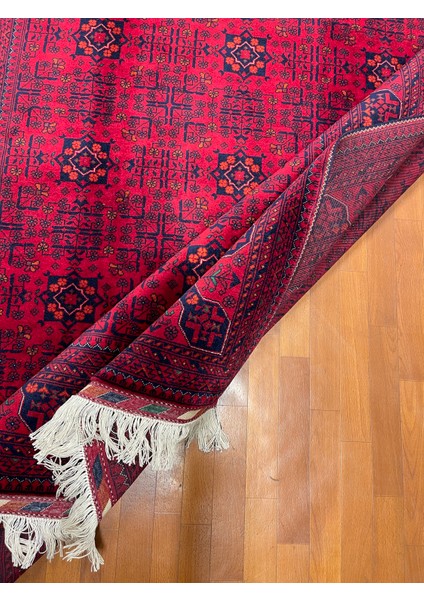 El Dokuma Afgan Halı Yıldız Desenli Ince Dokuma Bordo Renk 3 Metre Kare