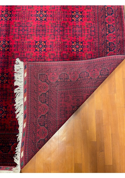 El Dokuma Afgan Halı Yıldız Desenli Ince Dokuma Bordo Renk 3 Metre Kare