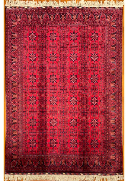 El Dokuma Afgan Halı Yıldız Desenli Ince Dokuma Bordo Renk 4 Metre Kare