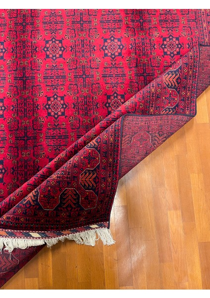 El Dokuma Afgan Halı Yıldız Desenli Ince Dokuma Bordo Renk 4 Metre Kare