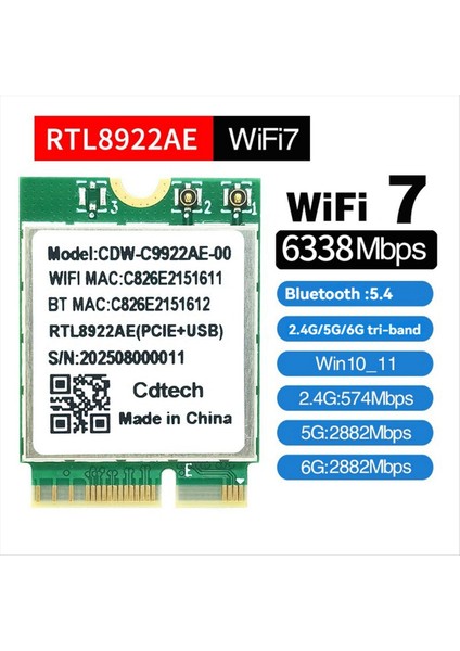 RTL8922AE Wifi7 Kart + 2X10DB Anten 2 4g/5g/6g Tri-Band 6338 Mbps Kablosuz Wifi Kart Adaptörü Bluetooth 5 4 Masaüstü Bilgisayar Için (Yurt Dışından) fiyatları