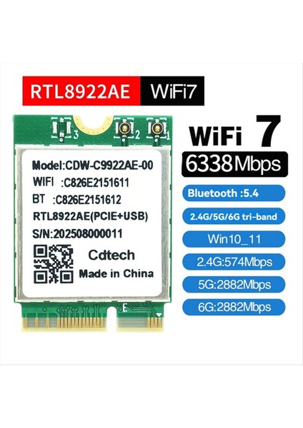 RTL8922AE Wifi7 Kart 6338 Mbps 2 4g/5g/6g Tri-Band Kablosuz Wifi Adaptör Kartı Bluetooth 5 4 M 2 WIN10/WIN11 (Yurt Dışından) fiyatları