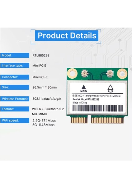 RTL8852BE 8dbı Antenli Wifi 6 Ağ Kartı Bt 5 2 Mini Pcı-E Dual Band 2 4g/5ghz 1800MBPS Adaptör Win 10/11 A (Yurt Dışından) modelleri
