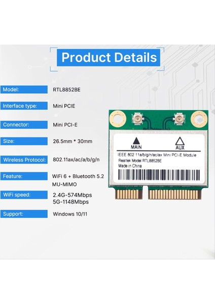 RTL8852BE 8dbı Antenli Wifi 6 Ağ Kartı AX1800 Bt 5 2 Mini Pcı-E Dual Band 2 4g/5ghz Adaptör Win 10/11 Için (Yurt Dışından) indirimleri