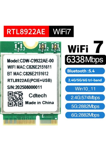 RTL8922AE Wifi7 Kart 2 4g/5g/6g Tri-Band 6338 Mbps Kablosuz Wifi Kart Adaptörü Bluetooth 5 4 WIN10/WIN11 Için (Yurt Dışından) fiyatları
