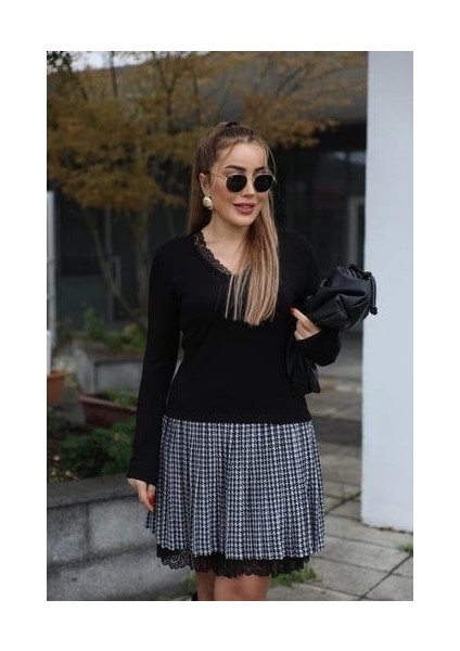 Kadın Uzun Kollu Denteli Yaka Ekose Etek Detay Diz Üstü Elbise fırsatları