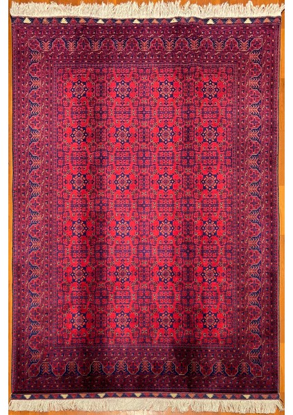 El Dokuma Afgan Halı Yıldız Desenli Ince Dokuma Bordo Renk 4 Metre Kare