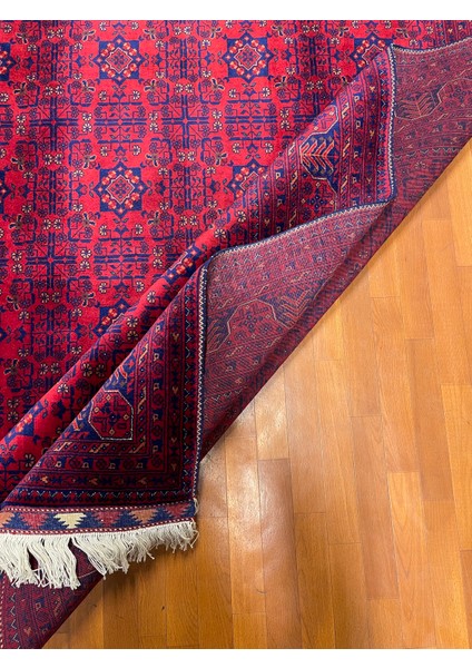 El Dokuma Afgan Halı Yıldız Desenli Ince Dokuma Bordo Renk 4 Metre Kare