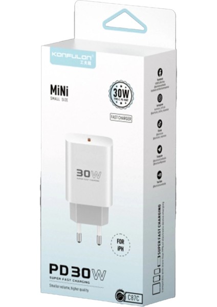 Sptrns Konfulon C87C 30W Type-C Çıkışlı Ekstra DL50 1m Type-C To Lightning Kablolu Pd Şarj Cihazı - Beyaz fırsatları