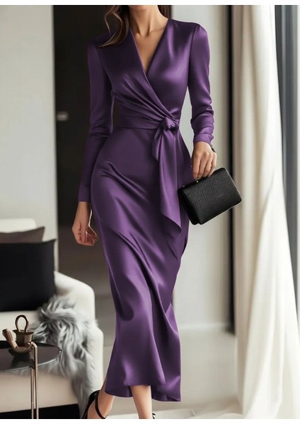 Kadın Uzun Kollu Kruvaze Yakalı Beli Kuşaklı Uzun Saten Elbise