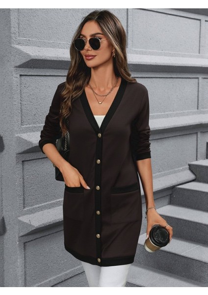 Kadın Uzun Kollu Cepli Önden Düğmeli Uzun Modal Ceket Hırka