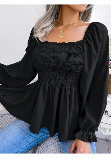 Kadın Uzun Kollu Geometrik Yakalı Gipe Detaylı Krep Bluz modelleri