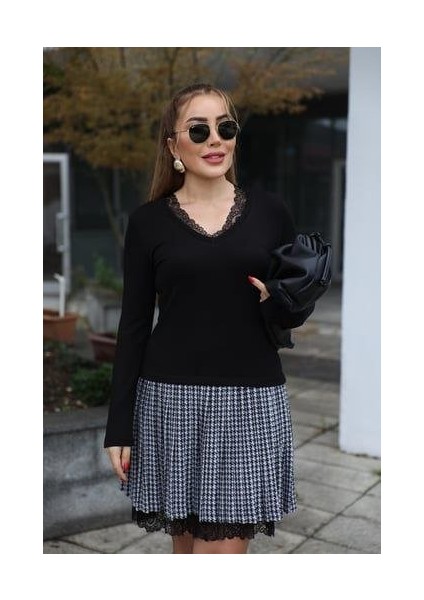 Buğrahayalin Kadın Uzun Kollu Denteli Yaka Ekose Etek Detay Diz Üstü Elbise modelleri