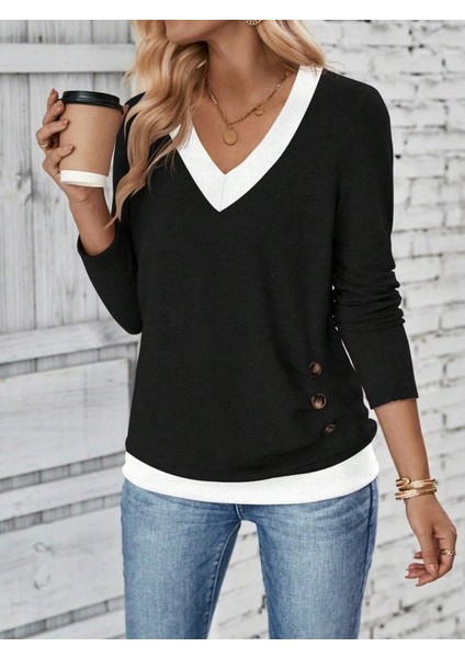 Kadın Uzun Kollu V Yakalı Yandan Düğmeli Yün Viskon Bluz