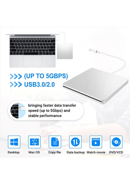 USB Harici Cd/dvd Drive Tip C Taşınabilir Drive-Free CD Filmler Dizüstü Bilgisayar Pc Windows Mac Silver Için Oyuncular (Yurt Dışından) fırsatları
