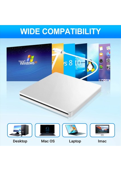USB Harici Cd/dvd Drive Tip C Taşınabilir Drive-Free CD Filmler Dizüstü Bilgisayar Pc Windows Mac Silver Için Oyuncular (Yurt Dışından) indirimleri