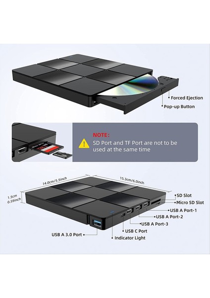 7 Arada Çok Fonksiyonlu Optik Sürücü USB Bilgisayar DVD Oynatıcı Not Defteri Harici Kaydedici Ultra Ince (Yurt Dışından)
