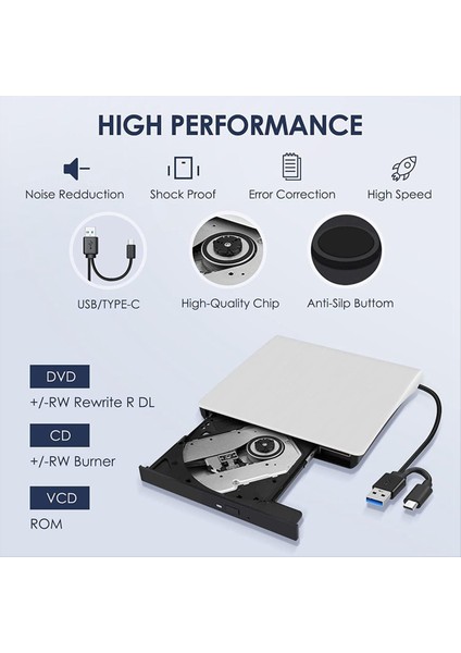 Harici CD DVD +/- Rw Drive USB 3 0 &amp Usb-C Taşınabilir CD &amp DVD Rom Burner Player Reader Writer Rewriter Disk Drive Beyaz (Yurt Dışından) modelleri