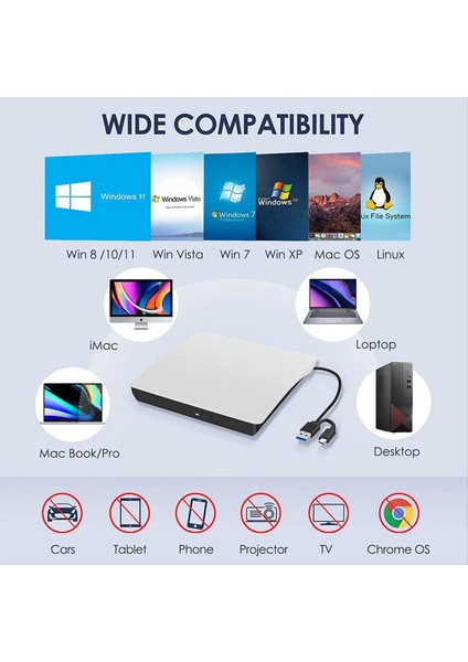Harici CD DVD +/- Rw Drive USB 3 0 &amp Usb-C Taşınabilir CD &amp DVD Rom Burner Player Reader Writer Rewriter Disk Drive Beyaz (Yurt Dışından) indirimleri