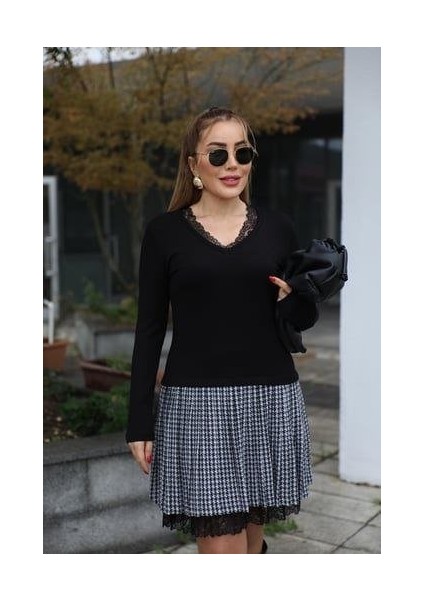 Kadın Uzun Kollu Denteli Yaka Ekose Etek Detay Diz Üstü Elbise