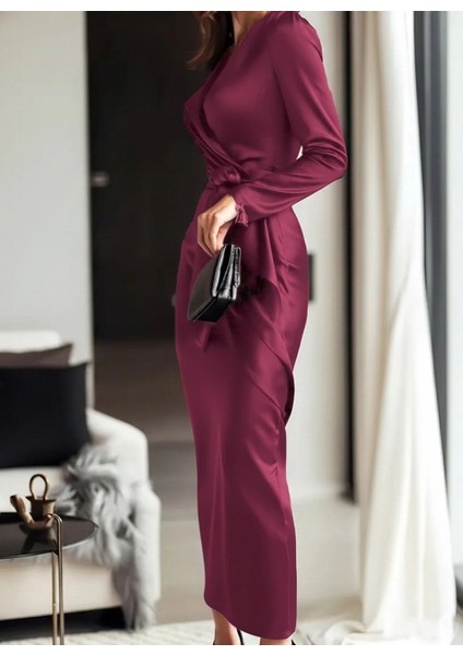 Kadın Uzun Kollu Kruvaze Yakalı Beli Kuşaklı Uzun Saten Elbise fiyatları