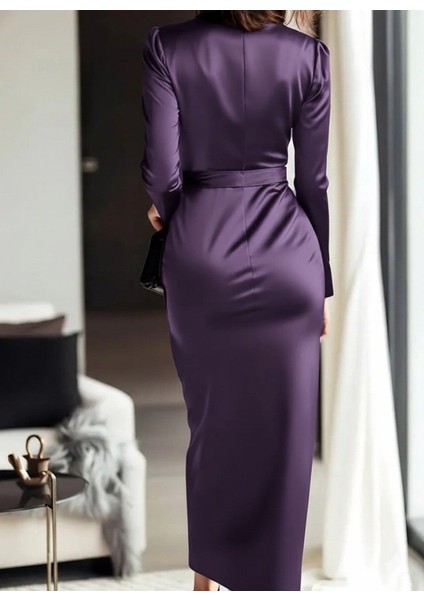 Kadın Uzun Kollu Kruvaze Yakalı Beli Kuşaklı Uzun Saten Elbise modelleri