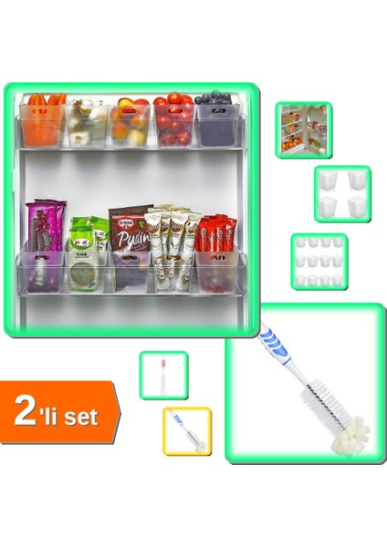 12 Adet Buzdolabı Içi Mini Düzenleyici Kutu + Şişe Temizleme Fırçası - 2li Set C1B6J6