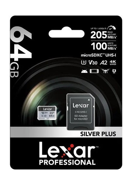Professional 64GB 205 MB/s Silver Plus Mikro SD Hafıza Kartı